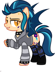 Size: 5000x6606 | Tagged: safe, artist:n0kkun, indigo zap, bat pony, pony, g4, bat ponified, bedroom eyes, boots, choker, clothes, commission, ear piercing, earring, equestria girls ponified, eyebrow piercing, fangs, female, grin, hoodie, jewelry, mare, piercing, ponified, race swap, raised hoof, shoes, simple background, smiling, socks, solo, spiked choker, spiked wristband, striped socks, tattoo, transparent background, wristband