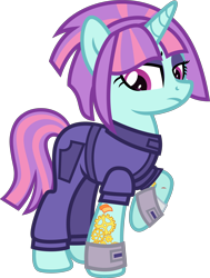 Size: 5000x6606 | Tagged: safe, artist:n0kkun, sunny flare, pony, unicorn, g4, clothes, commission, equestria girls ponified, eyeshadow, female, jumpsuit, makeup, mare, ponified, raised hoof, simple background, solo, sunny flare's wrist devices, tattoo, transparent background