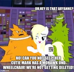 Size: 506x493 | Tagged: safe, artist:dex stewart, oc, oc:fargate, earth pony, pony, aqua teen hunger force, caption, cutie mark, emory, i can't believe it's not aryanne, i can't believe it's not nazi, meme, mohawk, oglethorpe, op is a duck, op is trying to start shit, op knows exactly what he's doing, plutonians, satire, the powerpuff girls, universal remonster, wheelchair