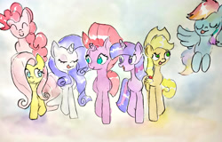 Size: 2000x1283 | Tagged: safe, artist:mandumustbasukanemen, applejack, fluttershy, pinkie pie, rainbow dash, rarity, tempest shadow, twilight sparkle, earth pony, pegasus, pony, unicorn, g4, atg 2020, female, flying, group, mane six, mare, newbie artist training grounds, traditional art