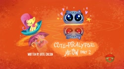 Size: 1589x889 | Tagged: safe, screencap, bubbles cherub mcsquee, buttershy, fluttershy, pegasus, pony, cute-pocalypse meow, g4.5, my little pony: pony life, female, mare, missing cutie mark, title card