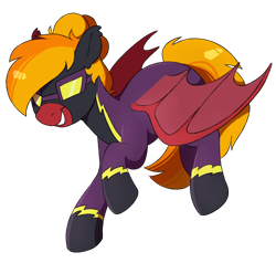Size: 1000x950 | Tagged: safe, artist:crimmharmony, oc, oc only, oc:moonatik, bat pony, pony, art trade, bat pony oc, bat wings, clothes, costume, flying, goggles, hair bun, male, raised hoof, shadowbolts, shadowbolts costume, simple background, smiling, solo, stallion, transparent background, wings