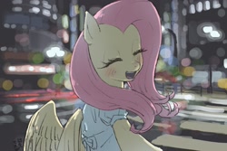Size: 1800x1200 | Tagged: safe, artist:yanamosuda, fluttershy, pegasus, pony, g4, blurry background, blushing, city, cityscape, clothes, cute, date, dress, eyes closed, female, happy, looking at you, looking back, looking back at you, mare, offscreen character, open mouth, outdoors, pov, shyabetes, smiling, solo, speedpaint available, street, wings