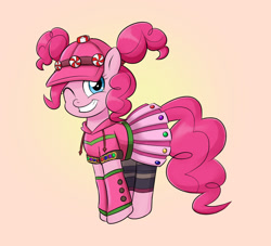 Size: 1100x1000 | Tagged: safe, artist:mew-me, pinkie pie, earth pony, pony, g4, alternate hairstyle, candy, cap, clothes, cosplay, costume, food, fortnite, grin, hat, one eye closed, smiling, solo, wink, zoey