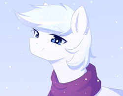 Size: 3809x3000 | Tagged: safe, artist:fluffymaiden, double diamond, earth pony, pony, g4, blue background, bust, clothes, cute, double dawwmond, high res, looking at you, male, portrait, scarf, simple background, smiling, snow, solo, stallion, winter