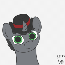 Size: 800x800 | Tagged: safe, artist:vohd, oc, oc only, oc:hatter, pony, unicorn, animated, commission, frame by frame, hat, looking at you, magic, razor, simple background, solo, straight razor, telekinesis