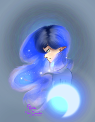 Size: 1156x1490 | Tagged: safe, artist:moondaneka, princess luna, human, g4, bust, clothes, crescent moon, elf ears, ethereal mane, female, humanized, moon, solo, starry mane