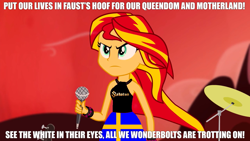 Size: 1280x720 | Tagged: safe, edit, edited edit, edited screencap, screencap, sunset shimmer, human, equestria girls, g4, my little pony equestria girls: rainbow rocks, 1000 hours in ms paint, accessory, armband, caption, closed mouth, clothes, cloud, drums, electric guitar, evening, exclamation point, eyebrows, eyelashes, female, frown, guitar, hill, holding, impact font, logo, meme, microphone, ms paint, ms paint adventures, musical instrument, outdoors, power metal, sabaton, skirt, sky, solo, standing, sweden, swedish flag, symbol, text, text edit, top, wall of tags, welcome to the show, wind, woman