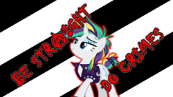 Size: 1280x720 | Tagged: safe, edit, rarity, pony, unicorn, g4, alternate hairstyle, anarchism, be gay do crimes, be straight do crimes, clothes, female, jacket, leather jacket, mare, meme, mouthpiece, op is a duck, op is trying to start shit, pride, pride flag, punk, raripunk, solo, straight pride flag