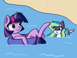 Size: 1924x1457 | Tagged: safe, artist:artiks, twilight sparkle, oc, oc:marina (efnw), pony, g4, atg 2020, beach, everfree northwest, female, inner tube, mare, newbie artist training grounds, pale belly, water