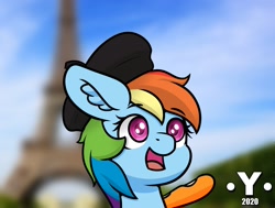 Size: 1980x1500 | Tagged: safe, artist:yelowcrom, rainbow dash, pegasus, pony, g4, baguette, beret, bread, clothes, eiffel tower, female, food, france, hat, mare, newbie artist training grounds, solo