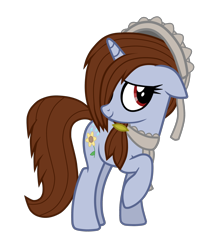 Size: 2652x2962 | Tagged: safe, artist:chomakony, oc, oc only, oc:scarymaid, pony, unicorn, brown mane, female, floppy ears, flower, hair over one eye, high res, horn, mare, raised hoof, red eyes, show accurate, simple background, smiling, solo, transparent background, turned head, unicorn oc