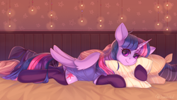 Size: 3500x1989 | Tagged: safe, artist:neonishe, twilight sparkle, alicorn, pony, g4, bed, clothes, cute, female, looking at you, mare, pentagram, pillow, prone, smiling, socks, solo, thigh highs, twiabetes, twilight sparkle (alicorn)
