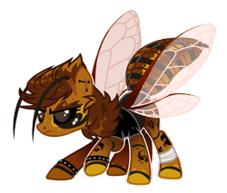 Size: 1917x1636 | Tagged: safe, alternate version, artist:beautifulspaceshow, oc, oc only, oc:hōnetto, asian giant hornet, hornet, hornet pony, insect, original species, pony, antennae, bandage, bandaid, black sclera, clothes, colored sclera, creepy, ear piercing, earring, eyebrow piercing, female, jacket, jewelry, leather jacket, lip piercing, mare, nose piercing, piercing, punk, raised hoof, scar, simple background, solo, spiked wristband, tattoo, transparent background, wristband