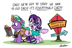Size: 1024x690 | Tagged: safe, artist:bobthedalek, firelight, starlight glimmer, pony, unicorn, g4, atg 2020, camera, clothes, daughters gonna daughter, duo, father and child, father and daughter, female, hat, kite, male, map, mare, newbie artist training grounds, shirt, sign, socks with sandals, stallion, sunglasses, that pony sure does love kites