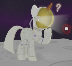 Size: 2200x2000 | Tagged: safe, artist:devfield, pony, unicorn, astronaut, atg 2020, badge, bag, clothes, confused, crater, generic pony, golf ball, high res, levitation, light, magic, moon, newbie artist training grounds, question mark, raised hoof, saddle bag, shading, shadow, solo, space, spacesuit, stars, telekinesis, tubes