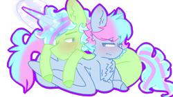 Size: 2560x1440 | Tagged: safe, artist:shinningblossom12, oc, oc only, oc:melody song, oc:shinning blossom, pegasus, pony, unicorn, blushing, chest fluff, colored hooves, gay, glowing horn, horn, male, oc x oc, pegasus oc, prone, shipping, simple background, stallion, transparent background, unicorn oc, wings