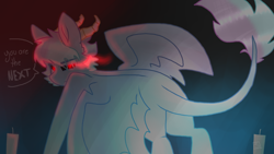 Size: 2560x1440 | Tagged: safe, artist:shinningblossom12, oc, oc only, oc:shinning blossom, demon, demon pony, original species, pony, candle, horn, leonine tail, looking back, red eyes, solo, sombra eyes, talking