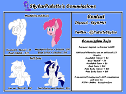 Size: 1600x1200 | Tagged: safe, artist:skylarpalette, pinkie pie, oc, oc:swift, earth pony, pegasus, pony, g4, advertisement, commission info, commissions open, pegasus oc, text, wings