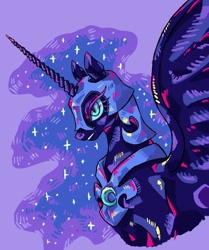Size: 1080x1290 | Tagged: safe, alternate version, artist:lotharinart, nightmare moon, alicorn, pony, g4, bust, ethereal mane, female, helmet, mare, peytral, purple background, simple background, solo, starry mane