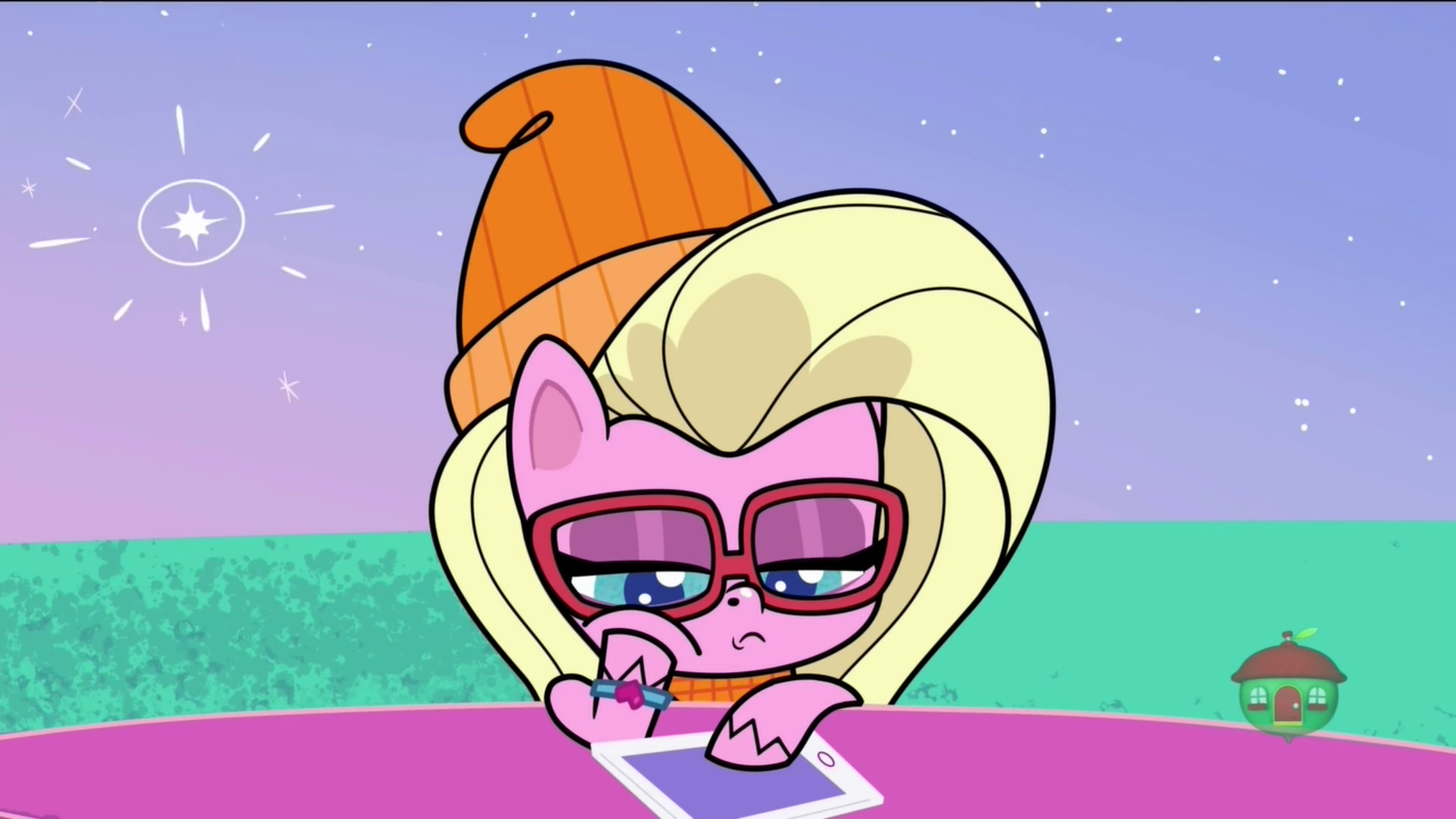 2386311 - safe, screencap, bubbles (cat), buttershy, pony, cute-pocalypse  meow, my little pony: pony life, spoiler:pony life s01e03, animated, bored,  female, glasses, help, mare, ponies with technology, solo, sound, tablet,  treehouse logo,