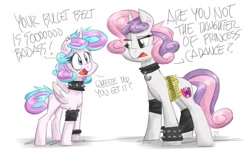 Size: 2000x1274 | Tagged: safe, artist:flutterthrash, princess flurry heart, sweetie belle, alicorn, pony, unicorn, g4, bullet belt, collar, dialogue, duo, female, mare, metal belle, older, older flurry heart, older sweetie belle, princess emo heart, punk, simple background, spiked collar, white background