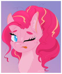 Size: 1764x2098 | Tagged: safe, artist:nyota71, pinkie pie, earth pony, pony, alternate hairstyle, body markings, bust, cheek fluff, chest fluff, colored pupils, ear fluff, female, fluffy, mare, messy mane, one eye closed, portrait, redesign, simple background, solo, tongue out, wink, winking at you