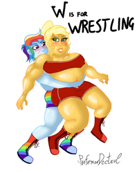 Size: 800x1011 | Tagged: safe, artist:professordoctorc, applejack, rainbow dash, equestria girls, g4, blushing, boots, breasts, busty applejack, clothes, fat, muscles, shoes, shorts, simple background, sports, strong fat, thick, thighs, thunder thighs, white background, wrestling