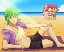 Size: 3056x2500 | Tagged: safe, artist:riouku, apple bloom, scootaloo, spike, sweetie belle, human, g4, abs, barefoot, beach, bikini, blushing, chibi, clothes, commission, crusadespike, cutie mark crusaders, feet, female, high res, humanized, jewelry, male, necklace, older, older spike, sand, ship:scootaspike, ship:spikebelle, ship:spikebloom, shipping, shirt, straight, stupid sexy spike, swimsuit, water