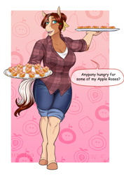 Size: 2865x4051 | Tagged: safe, artist:blackblood-queen, oc, oc only, oc:honeycrisp meadow, earth pony, anthro, unguligrade anthro, anthro oc, big breasts, breasts, cleavage, clothes, commission, desert, dialogue, digital art, earth pony oc, female, grandmother, hair bun, mare, plaid shirt, shirt, smiling, solo, speech bubble