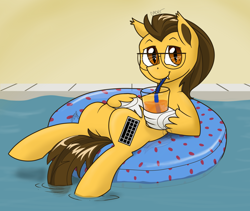 Size: 2554x2160 | Tagged: safe, artist:cadetredshirt, oc, oc only, oc:keystroke, bat pony, griffon, hippogriff, hybrid, pony, bat pony oc, bat wings, chillaxing, commission, cute, drink, drinking straw, floating, glasses, griffon oc, high res, inner tube, pool toy, sharp teeth, simple background, solo, teeth, tube, water, wings, ych example, ych result