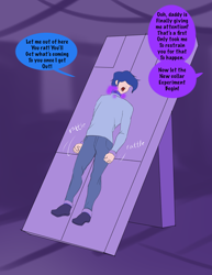 Size: 1578x2048 | Tagged: safe, artist:annon, night light, human, g4, aura, clothes, collar, dialogue, experiment, faceless male, humanized, implied sci-twi, laboratory, male, male focus, mirror universe, offscreen character, restrained, sequence, shoes, solo, speech bubble, struggling, threat