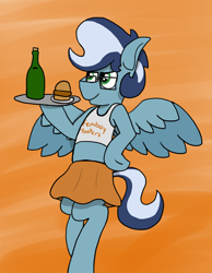 Size: 700x900 | Tagged: safe, artist:stemthebug, oc, oc:moth wing, pegasus, pony, clothes, crossdressing, femboy, femboy hooters, food, hooters, male, skirt