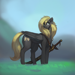 Size: 3000x3000 | Tagged: safe, artist:nsilverdraws, oc, oc only, oc:veen sundown, horse, pegasus, pony, female, fluffy, grass, high res, mare, scabbard, solo, standing, sundown clan, sword, weapon