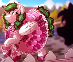 Size: 2868x2436 | Tagged: safe, artist:sugaryviolet, oc, oc only, oc:kibbie, pegasus, pony, blushing, clothes, commission, crossdressing, dress, fence, high res, male, raised hoof, silhouette, solo focus, walking, wavy mouth