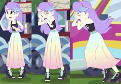 Size: 1311x912 | Tagged: safe, screencap, snow flower, equestria girls, equestria girls series, g4, sunset's backstage pass!, spoiler:eqg series (season 2), clothes, cropped, crying, feet, food truck, heartbreak, long skirt, open-toed shoes, running away, sad, shoes, skirt, sleeveless, toes