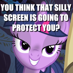 Size: 670x670 | Tagged: safe, edit, edited screencap, screencap, twilight sparkle, pony, g4, owl's well that ends well, bedroom eyes, caption, cropped, female, fourth wall, golden oaks library, image macro, lidded eyes, solo, stranger danger, talking to viewer, text, the fourth wall cannot save you