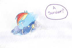 Size: 1280x853 | Tagged: safe, artist:jeyjeymohr, part of a set, rainbow dash, pegasus, pony, g4, alternate timeline, alternate universe, amputee, apocalypse dash, armor, artificial wings, augmented, blizzard, clothes, crystal war timeline, dark, dark equestria, dark world, female, frozen north, part of a series, prosthetic limb, prosthetic wing, prosthetics, reality cube, scar, snow, snowfall, solo, sombra empire, speech bubble, tumblr:ask midnight crystal, uniform, wings, word bubble
