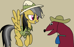 Size: 1400x880 | Tagged: safe, artist:nopony, daring do, señor huevos, pegasus, pony, g4, atg 2020, clothes, confused, duo, female, flying, hat, mare, newbie artist training grounds, open mouth, puppet, question mark, spread wings, wings