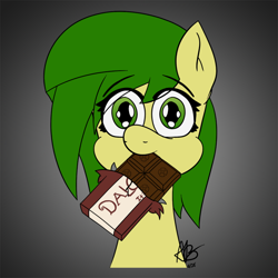 Size: 750x750 | Tagged: safe, artist:mranthony2, oc, oc only, oc:lemon bounce, pony, bust, chocolate, chocolate bar, cute, dalokohs bar, female, food, looking at you, mare, mouth hold, portrait, simple background, solo, team fortress 2