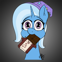 Size: 750x750 | Tagged: safe, alternate character, alternate version, artist:mranthony2, trixie, pony, unicorn, g4, bust, chocolate, chocolate bar, cute, dalokohs bar, female, food, looking at you, mare, mouth hold, portrait, simple background, solo, team fortress 2