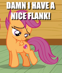 Size: 463x547 | Tagged: safe, edit, edited screencap, screencap, scootaloo, pony, g4, on your marks, caption, cropped, cute, cutealoo, cutie mark, female, gazing, image macro, look at my butt, looking at butt, solo, text, the cmc's cutie marks