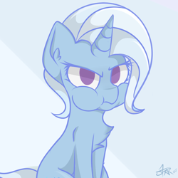 Size: 800x800 | Tagged: safe, artist:starmaster, trixie, pony, unicorn, g4, angry, chest fluff, cute, diatrixes, ear fluff, female, grumpy, looking at you, madorable, mare, puffy cheeks, sitting, solo, trixie is not amused, unamused