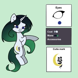 Size: 640x640 | Tagged: source needed, safe, artist:smoothwild, oc, oc:vex vixen, pony, unicorn, black and green mane, black rose, blue eyes, cutie mark, moon, reference sheet