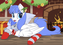 Size: 3508x2480 | Tagged: safe, artist:arctic-fox, oc, oc only, oc:snow pup, pegasus, pony, bricks, christmas, clothes, collar, female, fireplace, high res, holiday, holly, mare, open mouth, ornaments, present, prone, ribbon, smiling, socks, solo, striped socks, wings