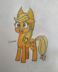 Size: 1080x1350 | Tagged: safe, artist:stardawn_hippogriff, applejack, earth pony, pony, g4, :o, female, freckles, hat, mare, open mouth, shocked, signature, solo, traditional art