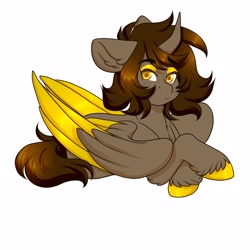 Size: 4000x4000 | Tagged: safe, artist:twisted-sketch, oc, oc only, alicorn, pony, alicorn oc, curved horn, ear fluff, horn, prone, simple background, solo, two toned wings, unshorn fetlocks, white background, wings