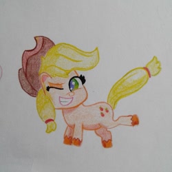 Size: 1080x1080 | Tagged: safe, artist:iblueberry_gummy, applejack, earth pony, pony, g4, g4.5, my little pony: pony life, bucking, female, grin, hat, mare, one eye closed, smiling, solo, traditional art, unshorn fetlocks, wink