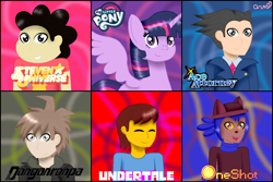 Size: 1448x966 | Tagged: safe, artist:fluttershy918, twilight sparkle, alicorn, cat, gem (race), human, hybrid, pony, anthro, g4, abstract background, ace attorney, anthro with ponies, bust, clothes, crossover, danganronpa, eyes closed, female, frisk, hat, male, mare, niko (oneshot), oneshot, phoenix wright, six fanarts, smiling, speedpaint available, steven quartz universe, steven universe, twilight sparkle (alicorn), undertale