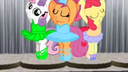 Size: 1920x1080 | Tagged: safe, artist:angrymetal, apple bloom, scootaloo, sweetie belle, earth pony, pegasus, pony, unicorn, g4, 1000 hours in ms paint, ballerina, ballet slippers, bloomerina, bow, clothes, crown, cutie mark crusaders, en pointe, eyes closed, jewelry, raised hooves, regalia, scootarina, stage, sweetierina, tiara, tomboy taming, trio, tutu, tutus